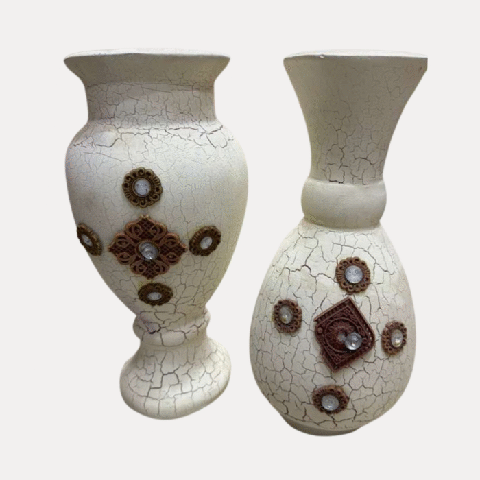 Vintage Crackle Ceramic Vases Set with Bronze Embellishments